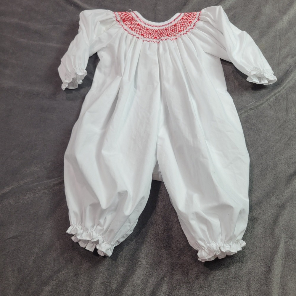 Eliza James Kids White Red Smocked Bubble Romper Long Sleeve Baby 3M Bishop